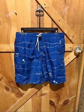 Cupshe Blue Men’s Drawstring Swim Trunks with White Tropical Sketch